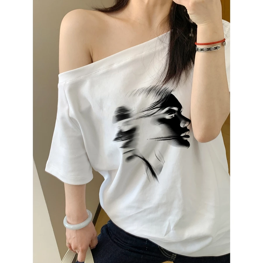 2TOYOUNG Kaos Offshoulder Asimetris Y2K Retro Gaya Jalanan Hitam-GF - Gambar 4